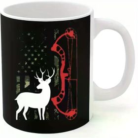 1pc Vintage Deer & Bow Hunting Camo Mug - 11oz White Ceramic Coffee Cup with US Flag Design, BPA-Free,