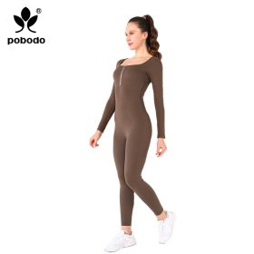 Square Collar Chest Short Zipper Jumpsuit (Option: Brown-L)