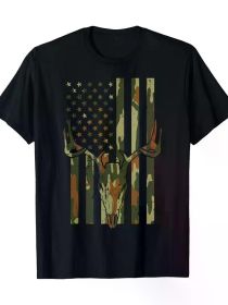 Camo US Flag Deer Skull Vintage Hunting Patriotic Hunt Dad T-Shirt (Color: Black, size: XXXL)