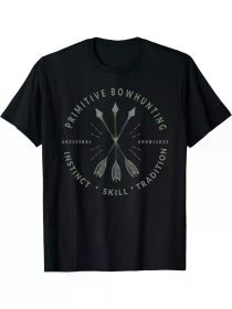 1pc Primitive Bow Hunting T-Shirt - 100% Cotton, Geometric Pattern, Crew Neck, Short Sleeve, Knit Fabric, Medium Stretch, All-Season (Color: Black, size: S)