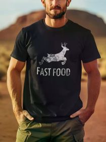 Funny Joke Hunting Shirt - Men's Front Printed Short Sleeve T-Shirt Top - Fast Food Deer - Gifts for Hunters, 1 pc (Color: Black, size: M)