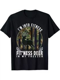 Funny 'I'm Into Fitness Deer in My Freezer' Hunting Tee - Men's Black Cotton T-Shirt with Camo Deer Graphic (Color: Black, size: S)